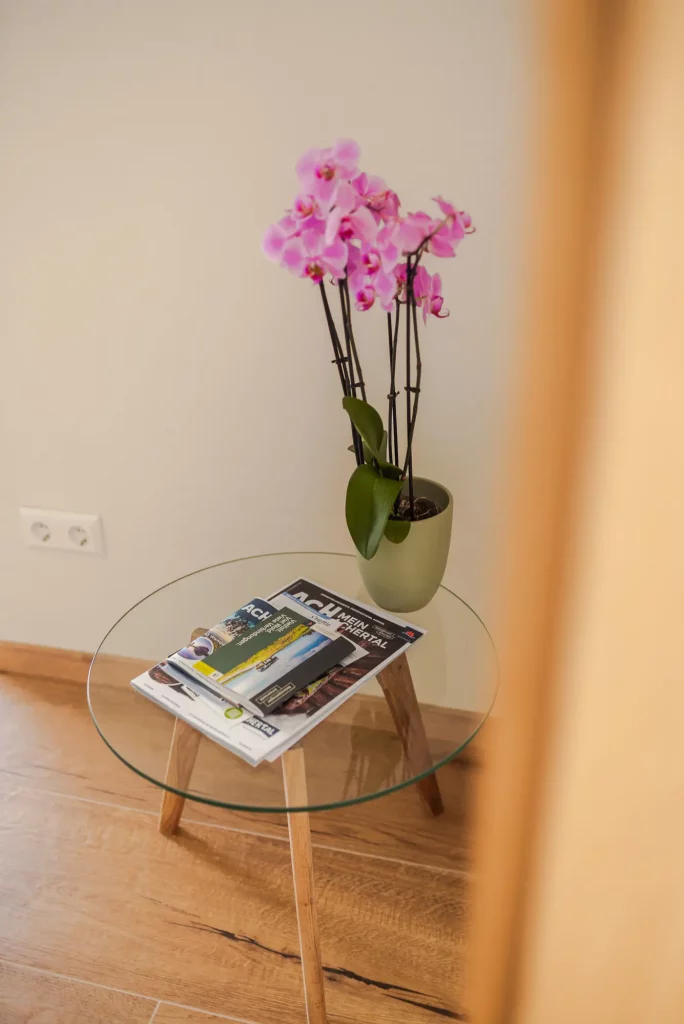 ferienwohnung-bassler_kappelrodeck-2000px-14 Dekorativer Glastisch mit Reiseführern und pinker Orchidee in der Ferienwohnung Weinberg in Kappelrodeck
